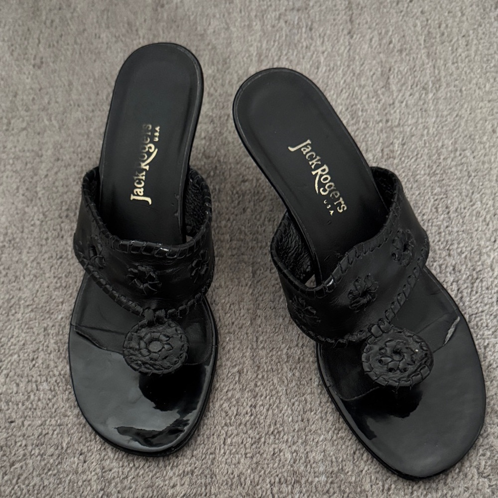 Jack Rogers Black Patent Leather Woven Slide Mules